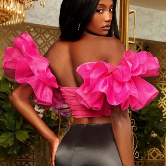 SHEIN Off Shoulder Exaggerated Ruffle Ruched Crop Top - Picture 2 of 6